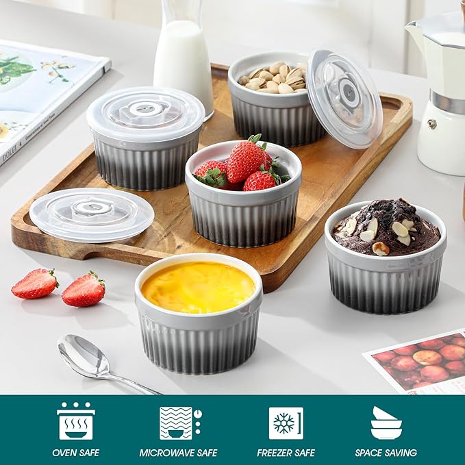 vancasso 8 oz Ramekins with Lid, Porcelain Creme Brulee Souffle Dishes, Grey Pudding Custard Cups Ramiken for Baking, Dishwasher and Oven Safe, Set of 6