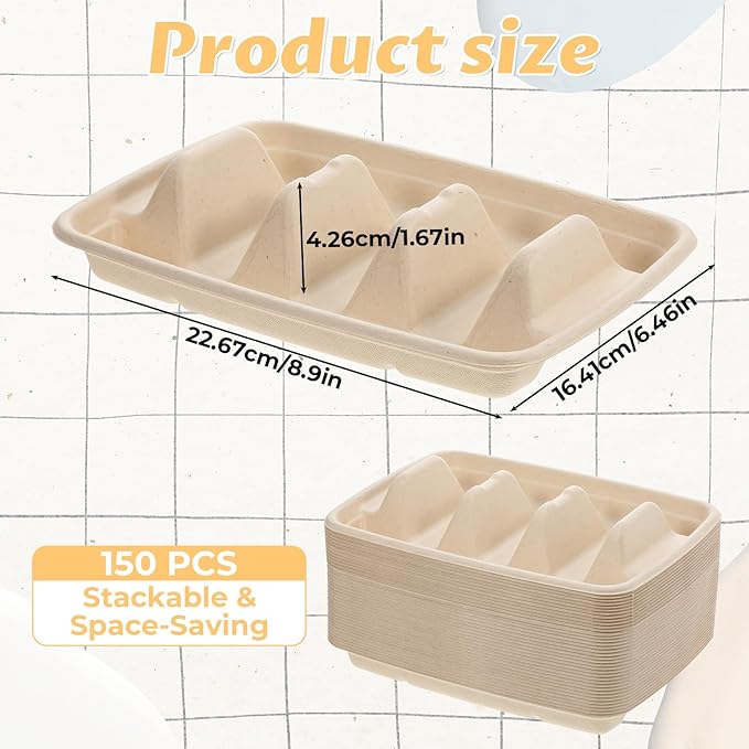 150Pcs Disposable Taco Holders for Party, Premium Bagasse Pulp Taco Plates, Taco Plates with 3 Dividers, 3-Slot Taco Tray Holder, Taco Bar Serving Set for Party Taco Tuesday Hot Dog Sandwich