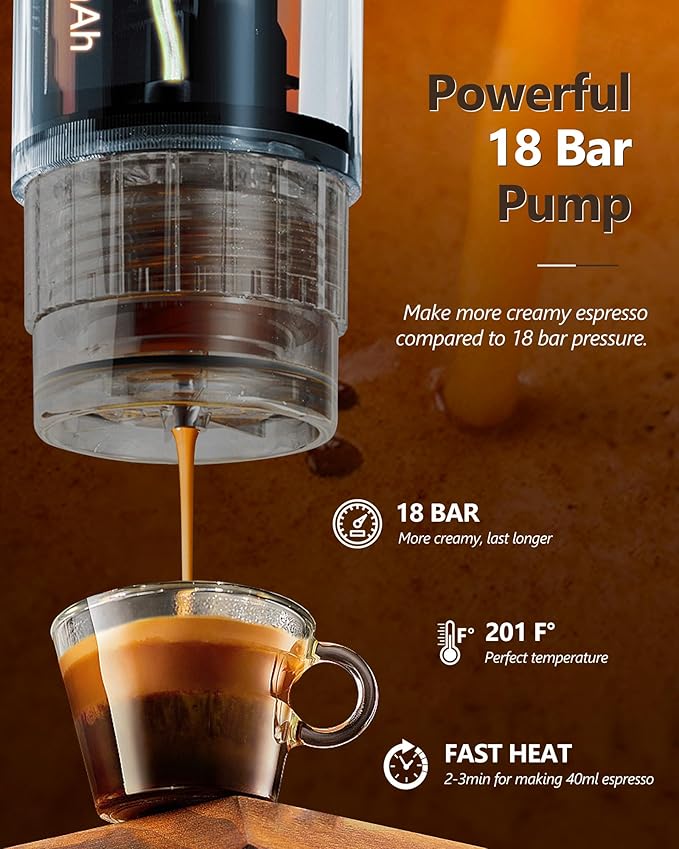 CONQUECO Portable Espresso Coffee Machine: 12V Electric Small Travel Expresso Maker - Self Heating 8 Cups Battery Powered Compatible for Nespresso Capsule - for Camping RV Hiking Office (Brown)