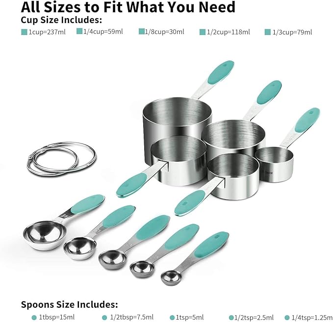 U-Taste 10 Piece Measuring Cups and Spoons Set in 18/8 Stainless Steel, and 18/8 Stainless Steel 5.5 inch 30 Mesh Strainer (Aqua Sky)