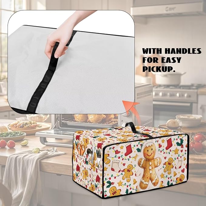 Countertop Convection Oven Cover Dust-Proof Toaster Oven Cover with Accessories Pockets, Countertop Convection Oven Protector, L, Gingerbread Man Christmas String Lights
