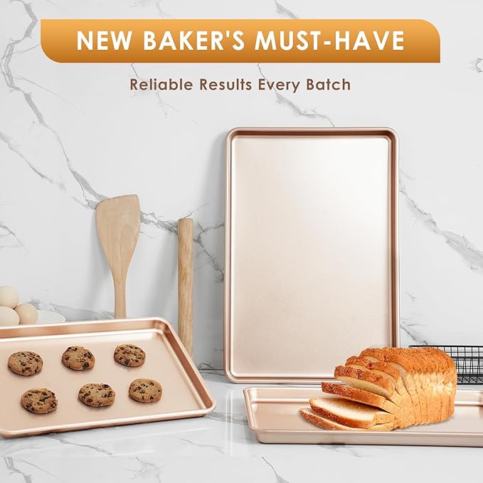 Baking Sheet Pan Set of 3, Commercial Cookie Sheets for Baking, Nonstick Half/Quarter/Jelly Roll Pans Replacement Toaster Oven Tray, Heavy Duty & Easy Clean, Rose Gold