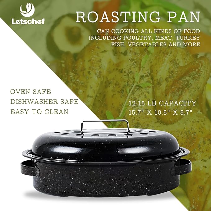Roasting Pan 11Lb 15.7 inch Oval Enamel Oven Roaster Pan with Lid for Turkey Chicken Cookware PFOA free