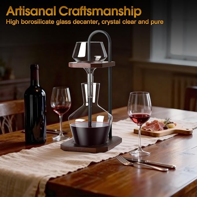Wine Decanter, High-Efficiency Wine Decanter, Borosilicate Glass Decanter and Funnel, with Solid Wood Base & Stainless Steel Stand, for Home, Bar, Restaurant, Ideal Gift for Wine Lovers