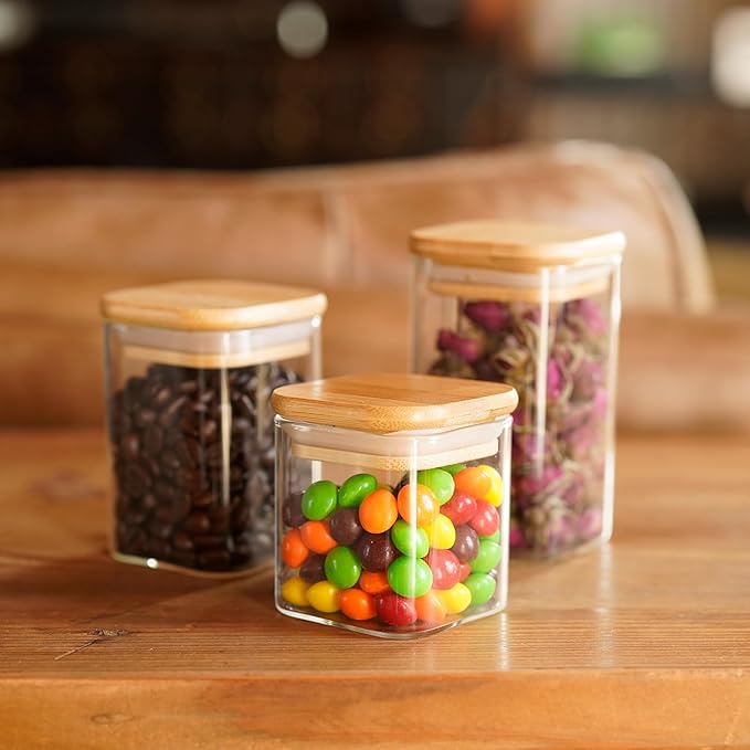 SHOWIN Glass Food Storage Jars Square 6oz, 16 Pack Glass Jars With Bamboo Lids, Kitchen Storage Containers For Spice, Candy, Cookie, Storage For Pantry Organizers