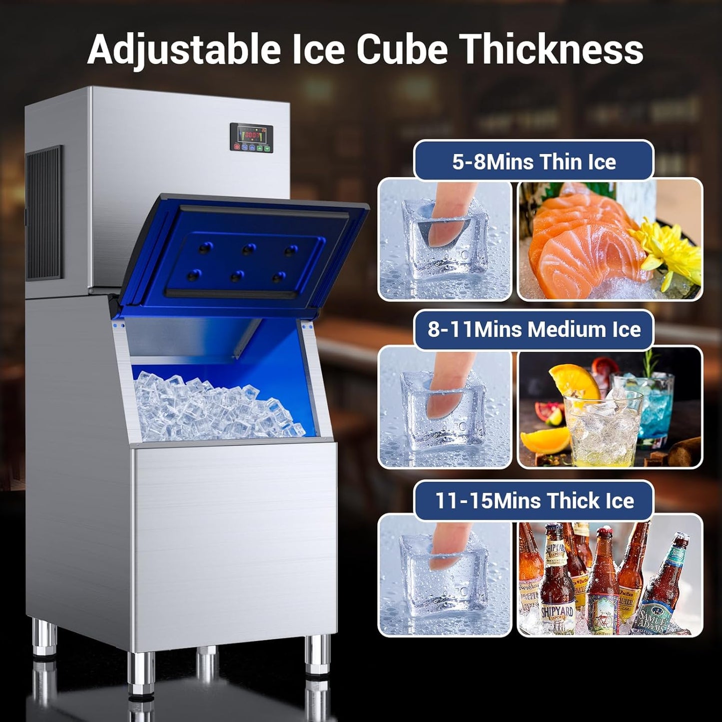 Commercial Ice Maker Machine 550lbs/24H, Ice Ready in 5-15 min, 360lbs Large Storage Bin, Stainless Steel Ice Machine with Water Line Hookup, 12 Adjustable Ice Thicknesses