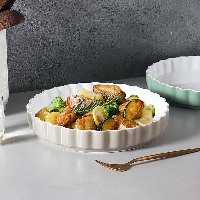 Quiche Baking Dish,Ceramic Pie Pan 11 Inch Reusable,Pizza Pan，Non-Stick Round Tart Pan with Ruffled Edge Microwave Dishwasher and Oven Safe (GREY)