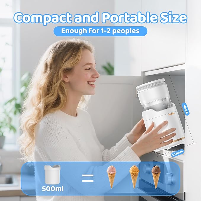 BRIOBITE Ice Cream Maker,Rechargeable Soft Ice Cream Machine with Low Noise,Compact for 1-2 Servings,Perfect for Sorbet,Gelato,Frozen Yogurt,White