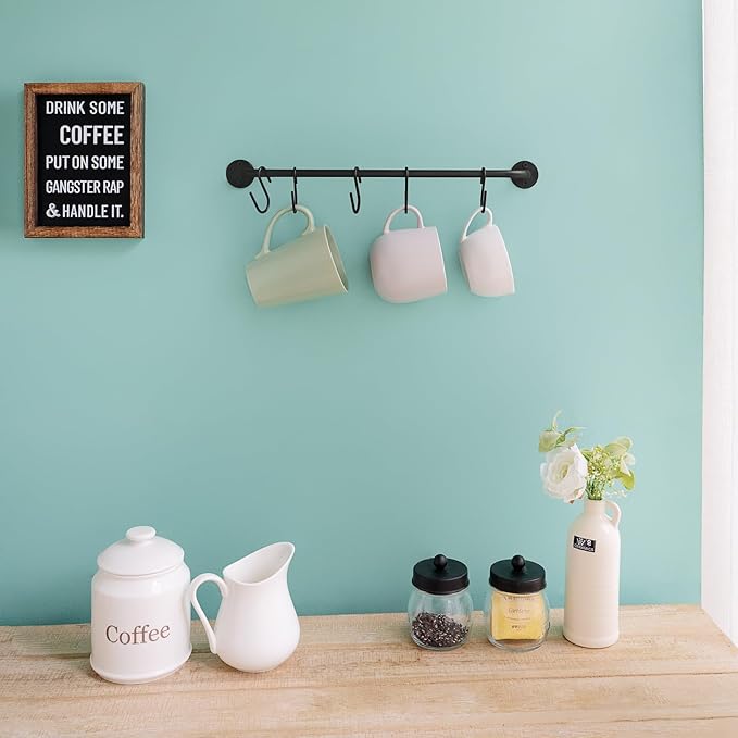 Mkono Mug Holder Wall Mounted Coffee Cup Rack Hanger Modern Metal with 5 Mug Hooks Rustic Utensil Tea Cups Storage Organizer for Kitchen Dining Room Coffee Bar,Black