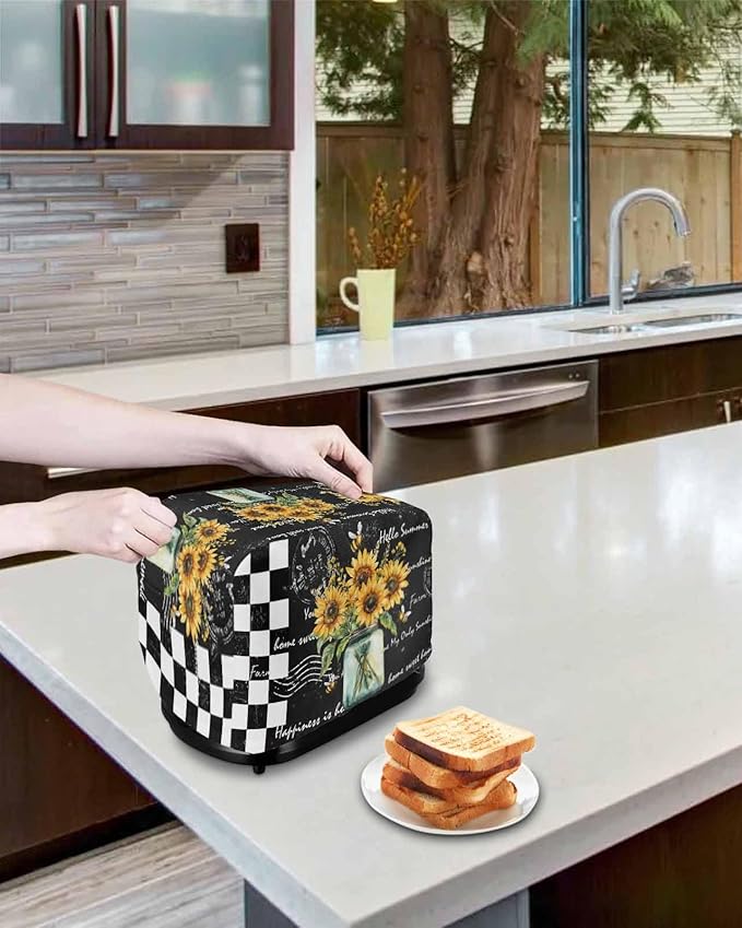 Sunflower Vintage Toaster Cover 2 Slice, Farmhouse Floral Dustproof Bakeware Oven Protector with Top Hook, Black Checkered Waterproof Small Kitchen Appliance Toasters Dust Cover, 12"x7.5"x8"