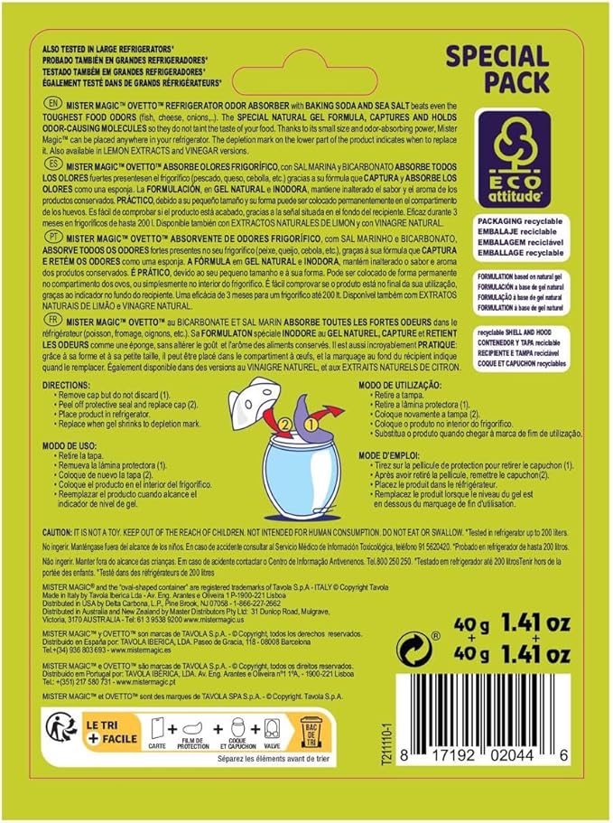 Mister Magic Refrigerator Odor Absorber – Baking Soda Formula Gel, Odorless Fridge Deodorizer, Neutralizes Food Odors, Lasts Up to 90 Days, Safe for Food, Kitchen Supplies (6 Pack, Contains 12 Units)