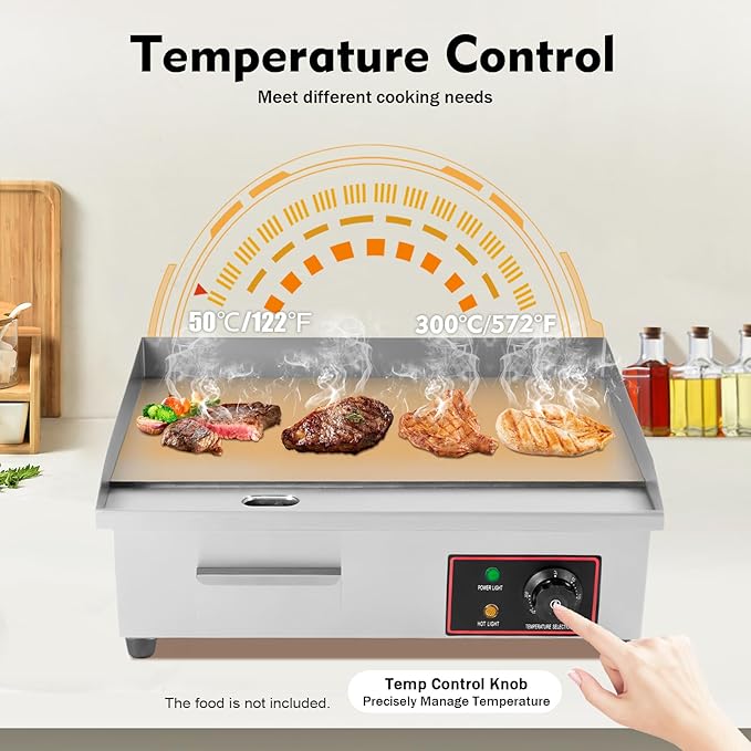 110V 3000W 22" Commercial Electric Countertop Griddle, Flat Top Grill Hot Plate BBQ Adjustable Thermostatic Control Electric Griddles Grill Stainless Steel Restaurant Grill for Kitchen