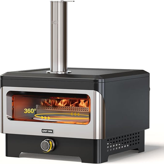 EAST OAK 12" Outdoor Pizza Oven with 360° Rotating Stone, Wood Fired Countertop Pizza Maker, Safe Pellet Filling, Outside Kitchen, Cooking, BBQ