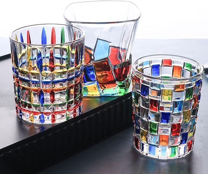 Colorful Drinking Glasses, Hand Painted Colored Water Glasses, Multicolor Water Glasse,Whiskey Wineglass Glasses,Tumbler Glasses (Ice cube)
