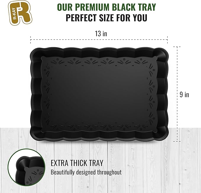 6 Pack Black Plastic Serving Trays - 9 x 13 Party Serving Trays and Platters - Black Serving Tray - Serving Platter Tray for Party