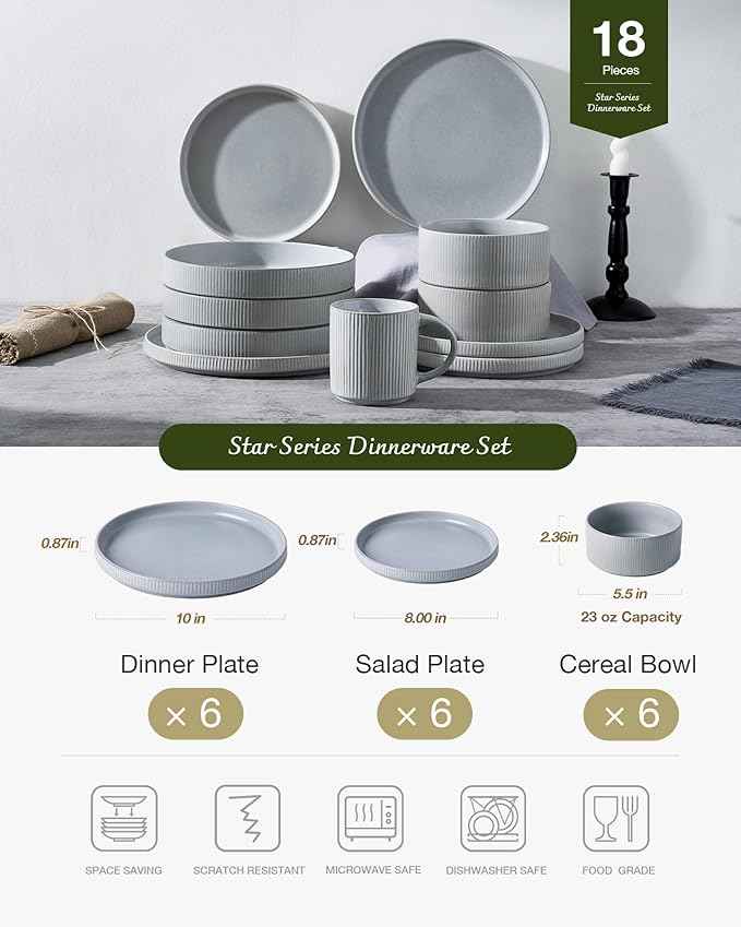 Famiware Star Dinnerware Set, Plates and Bowls Sets for 6 (18pcs), Ribbed Stoneware Dishes - Chip & Scratch Resistant, Microwave & Dishwasher Safe Kitchenware, Matte Gray