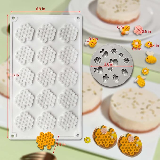 2PCS 15 Cavity Honeycomb Mold & Bee Silicone Tuile Molds,Honey comb Baking Mold,3D Beehive Candy Silicone Honey Fondant Molds,Chocolate silicone baking set Sugar Bees for Cake Decorating