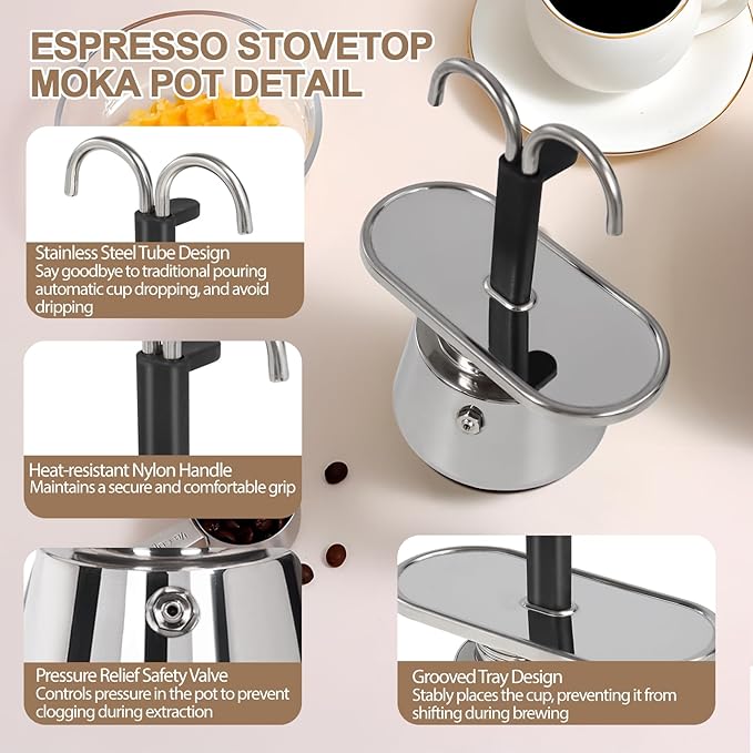 Uncoated 2 Cup Dual Pipe Moka Pot 304 Thickened Stainless Steel Mini Coffee Maker Stovetop Espresso Coffeemaker Italian Classic Style Brewing Greca Cafe Mocha for Camping Travel Home 150ml