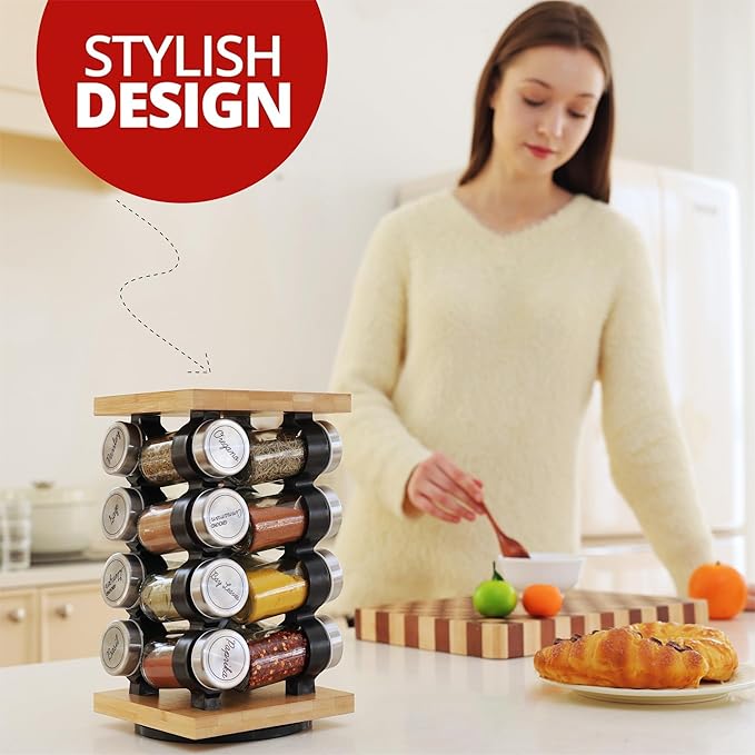 Orii 16 Jar Rotating Bamboo Spice Rack with Spices Included & 5-Year Spice Refill Program – Compact Countertop Spice Rack with Glass Jars