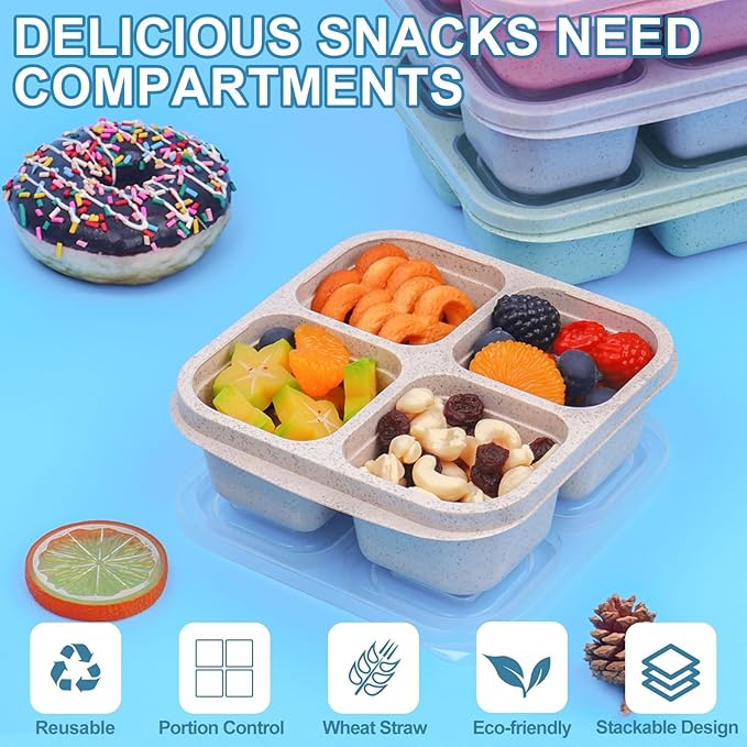 LCHLZZ 4 Pack Snack Box Containers, 4 Compartment Reusable Snack Containers with Lids, Microwave Dishwasher Safe, Divided Food Storage Lunchable Container for Work Travel (Green)