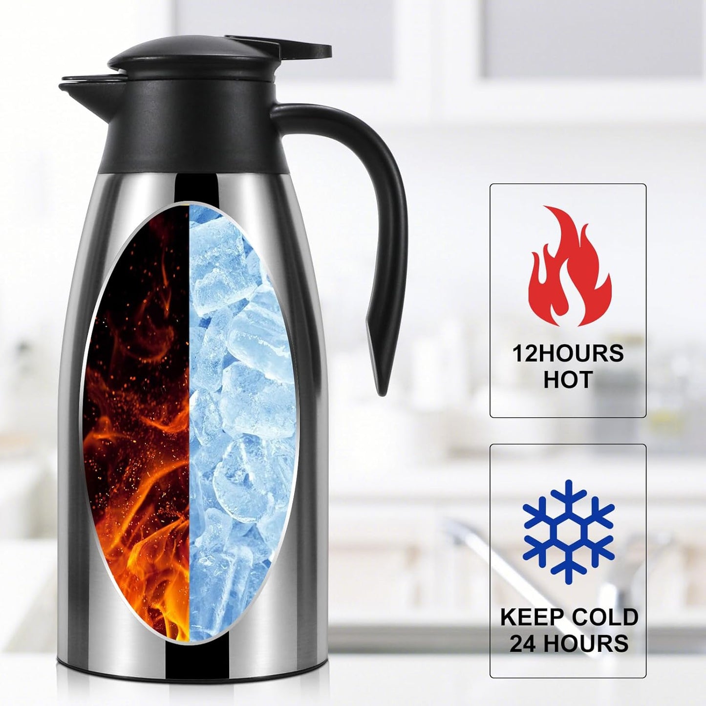 Thermal Coffee Carafe, Insulated Stainless Steel Coffee Carafes for Keeping Hot Coffee & Water Hot Beverage-12Hours, Double Walled Vacuum Coffee Carafe (silver+black)