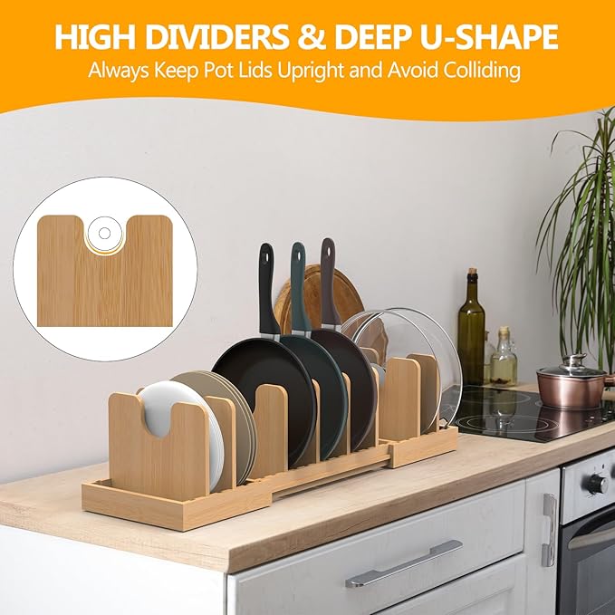 Pots and Pans Organizer Under Cabinet, Expandable Pot Lid Organizer, Bamboo Pan Organizer, Pot and Pan Organizer Rack for Kitchen Countertop or inside Cabinet