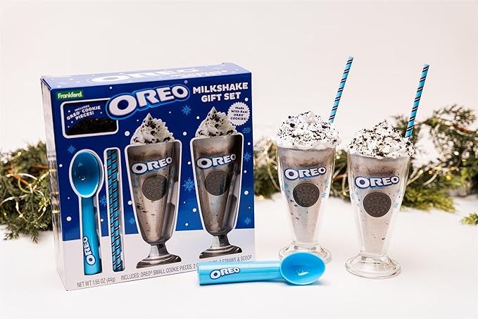 Frankford Candy OREO Cookies and Cream Milkshake Gift Set with Cookie Pieces, 2 Glass Cups, 2 Straws, and Ice Cream Scoop