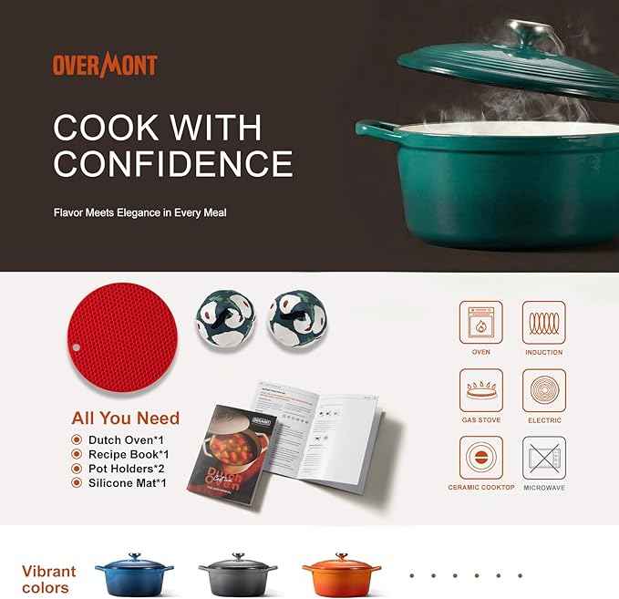 Overmont Enameled Cast Iron Dutch Oven - 5.5QT Pot with Lid Cookbook & Cotton Potholders - Heavy-Duty Cookware for Braising, Stews, Roasting, Bread Baking Bottle green
