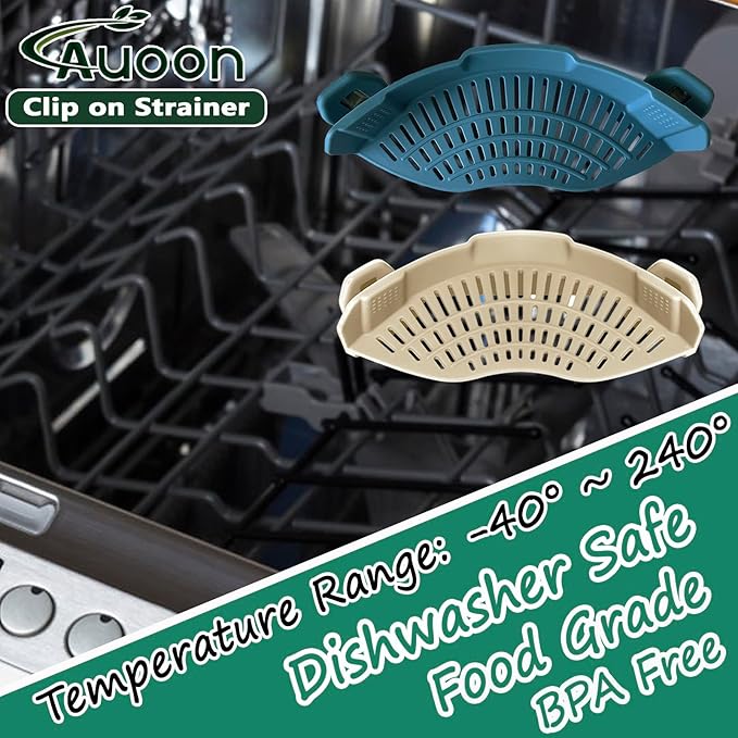 AUOON Clip on Strainer - Silicone Pasta Strainer for Pots Pans and Bowls | Space-Saving Kitchen Essentials for Cooking and Draining | Dishwasher Safe (MilkShake)