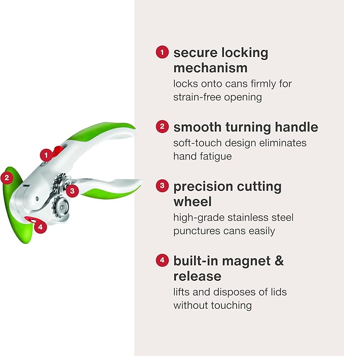 Zyliss Lock N' Lift Manual Can Opener with Lid Lifter Magnet - Heavy-Duty & Handheld Can Opener - Kitchen Gadget for Can Opener Safety - Manual Can Opener for Smooth Edge - Green