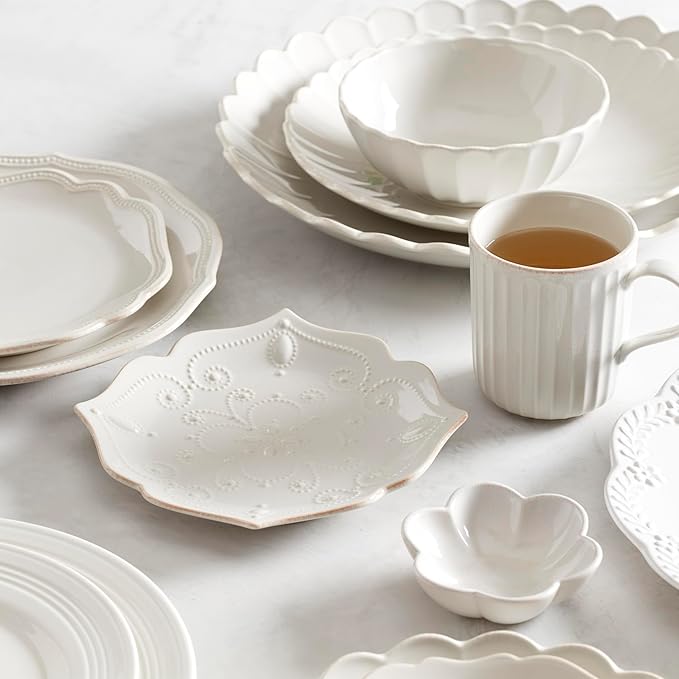 Lenox Dinnerware Set, French Perle Scallop 4-Piece Place Setting, Service For 1, Dinnerware Set, Stoneware, Includes Plates, Bowl, and Mug, Dishwasher And Microwave Safe, Dish Set (White, 4 Piece)