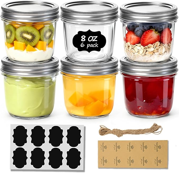 ComSaf Wide Mouth Mason Jars with Lids 8 oz 6Pcs, Half Pint Small Mason Containers, Canning Jars for Jam, Jelly, Meal Prep, Overnight Oats, Yogurt Parfait, Shower Wedding Favors, DIY Candles Decor