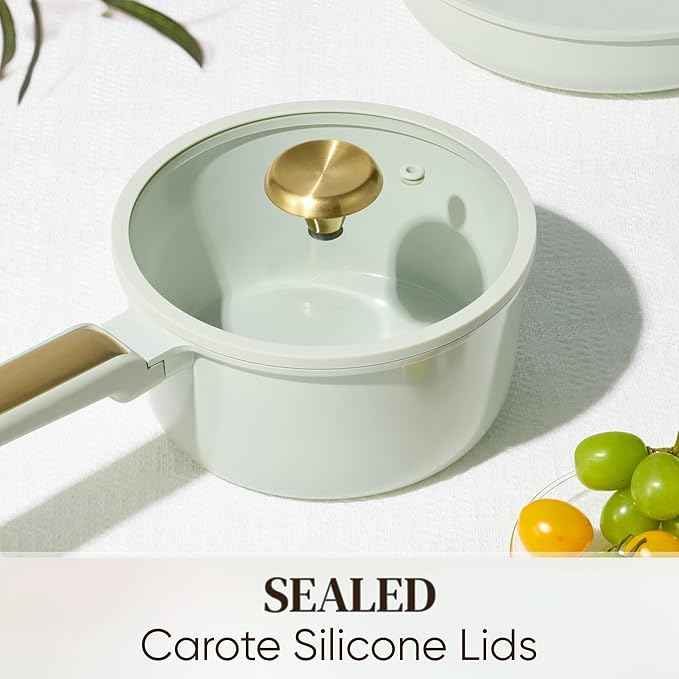 CAROTE Ceramic Cookware Set Nonstick, 14pcs Pots and Pans Set Nonstick, Non-Toxic & PFAS-Free, Dishwasher, RV/Camping Cookware Set, Cooking Pots with Lids, Sage Green