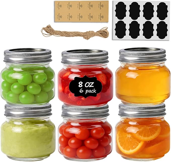 ComSaf 8 oz Regular Mouth Mason Jars,6Pcs Glass Jars for Home Cooks Making Jam and Jelly, and Crafters Creating DIY Candles and Party Favors, Canning Jar with Lids and Rings，Includes Labels & Twine