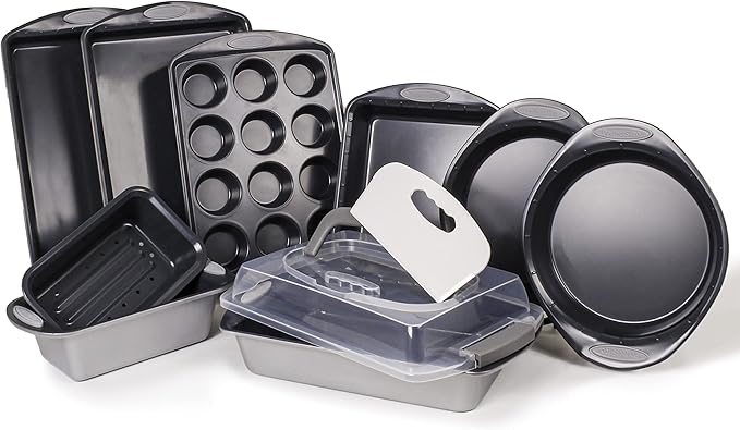 BergHOFF 11Pc Perfect Slice Bakeware Set, Covered Rectangle Cake Pan, Cookie Sheets, Muffin Pan, Loaf Pan, Round, Square and Rectangle Cake Pans, Slicer, Silver & Silver