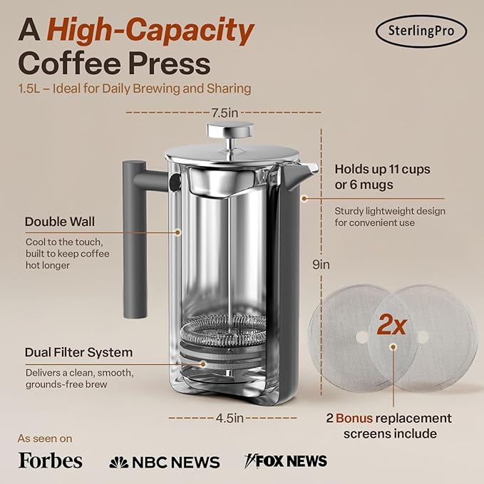 SterlingPro Stainless Steel French Press Coffee Maker 1.5 L (51 oz) Grey – Double Walled Insulated Large Coffee Press, Durable Design Keeps Drinks Hot, Easy to Use and Clean for Rich Flavor Brewing