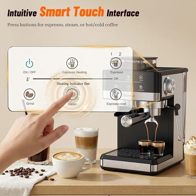 Espresso Machine with Grinder, 20Bar Expresso Coffee Machines with Milk Frother, Professional Compact Stainless Steel Coffee Maker for Espresso, Latte & Cappuccino, Perfect for Home Use