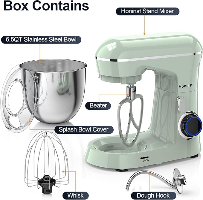 Honinst Stand Mixer, 6.5QT 10-Speed Tilt-Head Electric Stand Mixer, 3-In-1 Kitchen Mixer with Bowl, Dough Hook, Whisk and Beater, Food Mixer for Baking, Cake and Most Home Cooks, Green