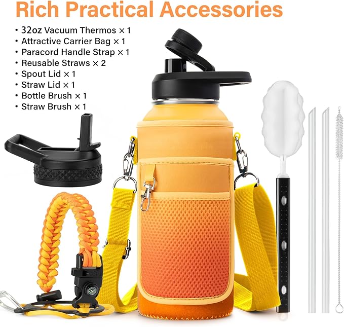 DYSANKY 32 oz Insulated Water Bottle | Upgraded Thickened Stainless Steel Water Jug for Gym and Hiking with Straw, Carrier Bag, Handle Strap | BPA-Free 32 oz