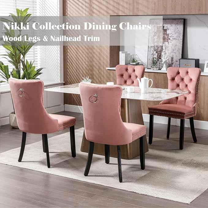 Pink Velvet Dining Chairs Set of 4, Upholstered Dining Room Chairs with Back Ring Pull Trim and Solid Wood Legs, Tufted Wingback Kitchen Chairs for Dining Room,Living Room,Kitchen(Pink)