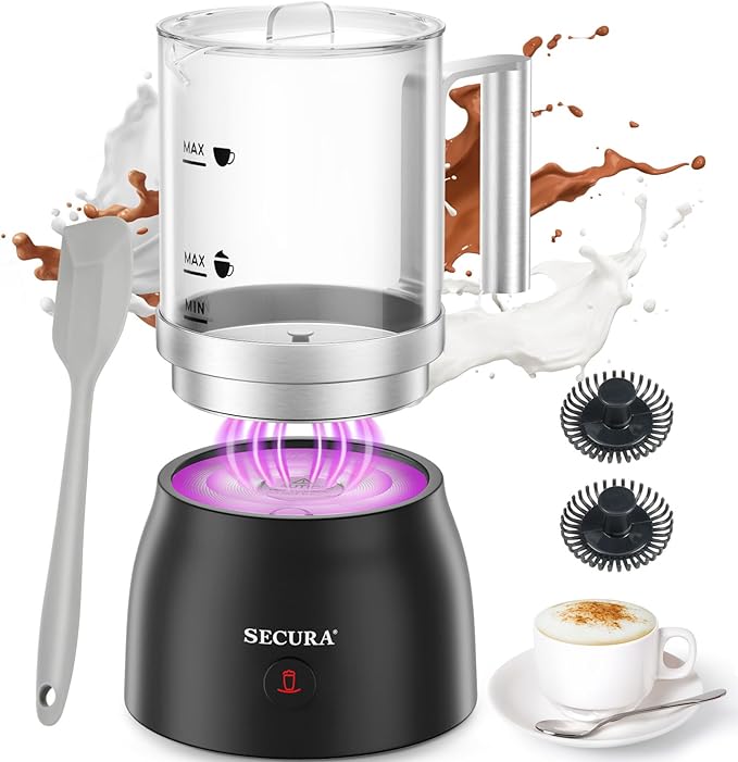 Secura 17oz 4-in-1 Electric Milk Frother and Steamer with Glass Jug, Hot/Cold Foam Maker for Latte, Cappuccino, Macchiato & Hot Chocolate, No Non-Stick Coating and Teflon-Free Design
