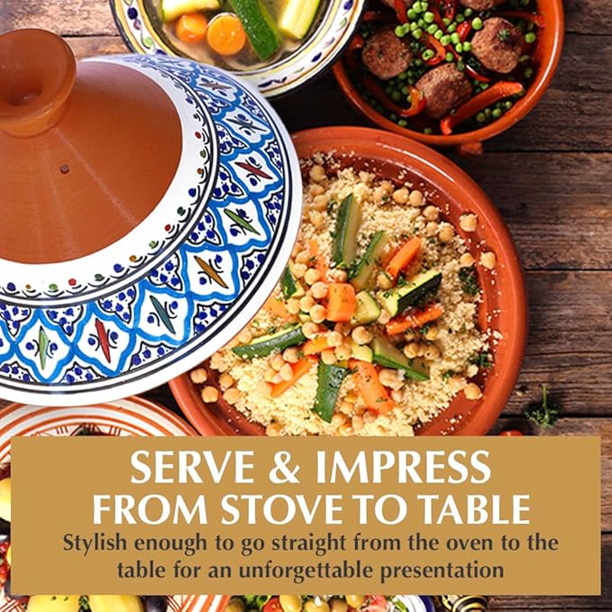 Kamsah Tagine Pot for Cooking and Flavor Enrichment - Medium Clay Pot 10”, 3.1 QT - Non-Stick Handmade Cookware - Moroccan Ceramic Pots for Cooking with Lid & Serving Bowl - Bohemian Classic Turquoise