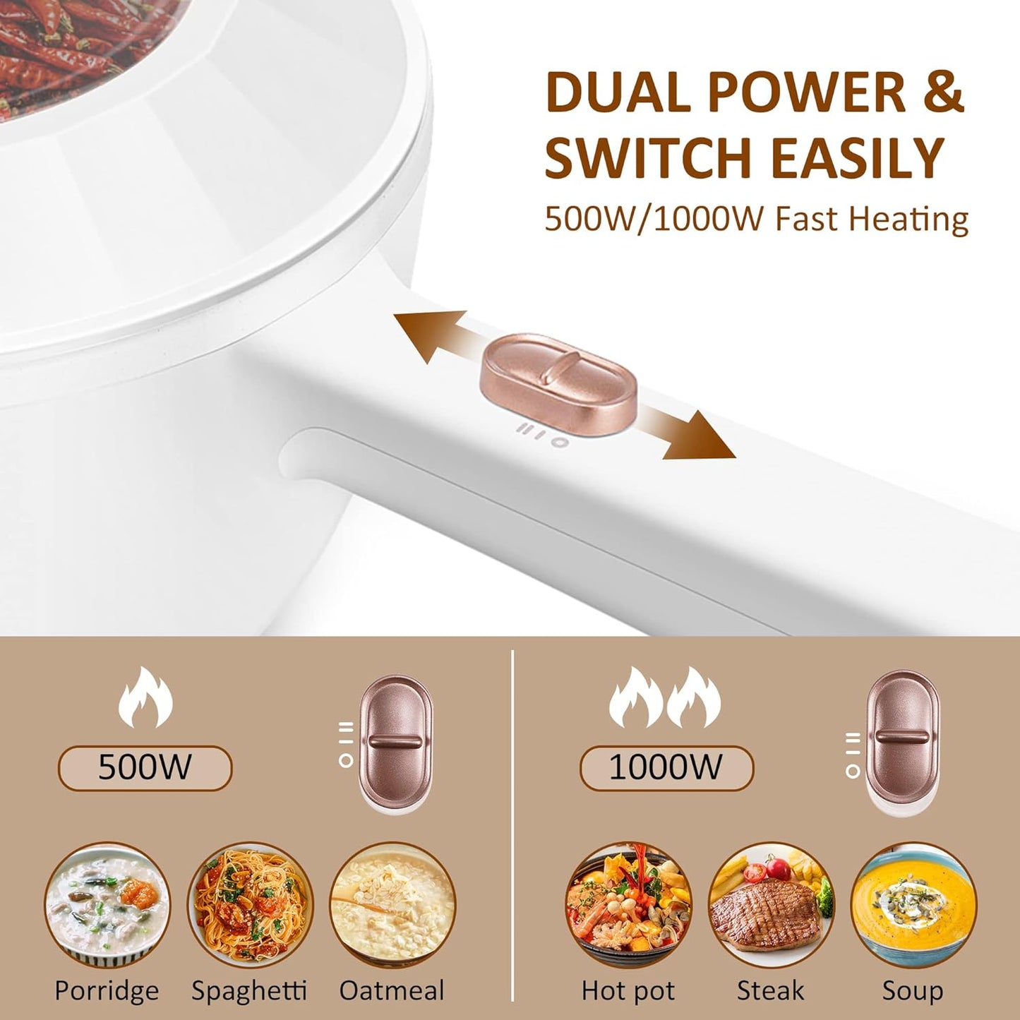 Bear Hot Pot Electric, 2L Multifunctional Portable Cooking Pot, 1000W Rapid Noodles Electric, Non-Stick Frying Pans for Steak, Egg, Ramen, Oatmeal With Dual Power Adjustment