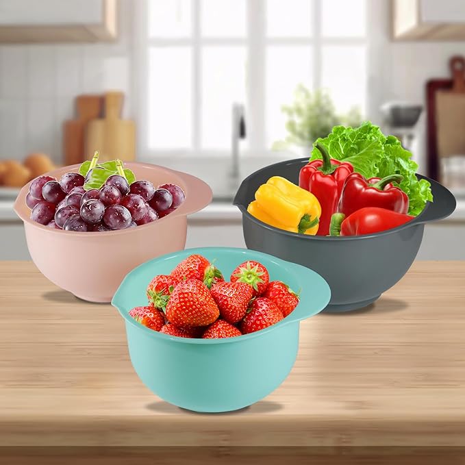Set of 3 Mixing Bowls with Pour Spout-Nesting Design Saves Space - Non-Slip, BPA Free, Dishwasher Safe Plastic - Kitchen Cooking and Baking Supplies (Green Pink Grey)