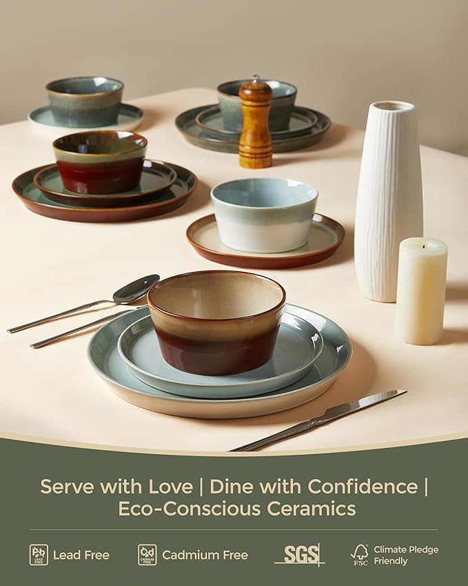 Pokini Dinnerware Sets, Microwave Safe Plates and Bowls Sets, Dishes Set for 6, Chip & Scratch Resistant Dinner Set, Hand Glazed Farmhouse Dishware Sets, Green Wheat