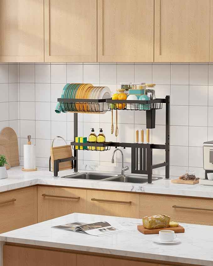 Over The Sink Dish Drying Rack - Adjustable 2 Tier Large Capacity Stainless Steel Drainer with Cutlery & Utensil Holders, Kitchen Storage & Organization, 30"-33.9" L x 11" W x 21.5" H, Black