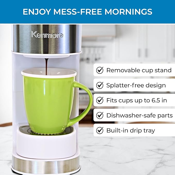 Kenmore Single Serve Coffee Maker – 6–12 Oz Brew Sizes, Compatible with Keurig K‑Cup Pods & Ground Coffee, One Cup Brewer, Travel Mug Friendly, Auto Shut‑Off, Hot & Iced maquina de cafe, White