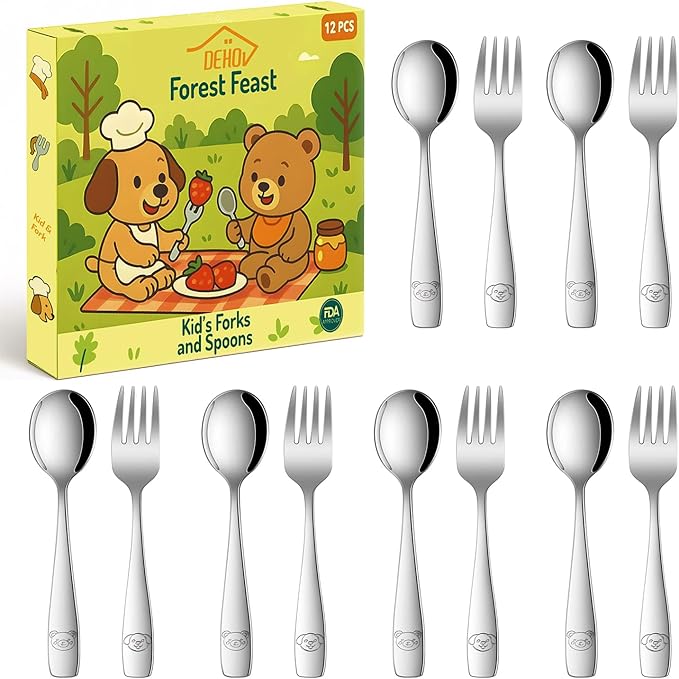 DEHOV Toddler Eating Utensils Set,Set Of 12 Food Grade Stainless Steel Silverware Sets For Kids,Dishwasher Safe Children Small Metal Spoons And Forks Flatware Sets