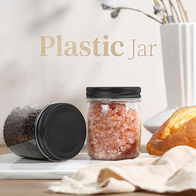 novelinks 8 oz Clear Plastic Jars with Airtight Lids, 32 Pack Plastic Mason Jars with Lids 8oz, Refillable Storage Slime Containers & Small Spice Jar for Kitchen Organization (32 Pack,Black)