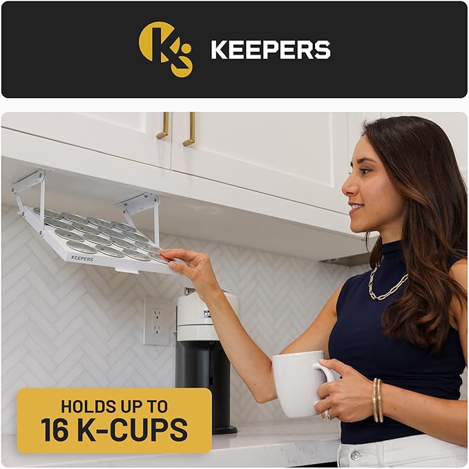 KEEPERS Nespresso® Vertuo® Pod Holder|Under Cabinet Swing Down Coffee Pod Organizer|Keurig® Coffee Pod Holder|K Cup Holder Storage Organizer|Magnet Steel RV Office Small Kitchen 10 x 9in WHITE